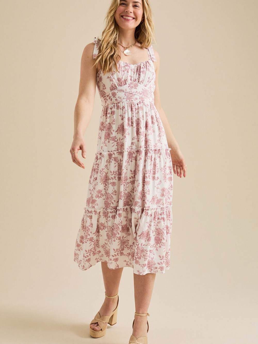 Altar'd State White Midi Dress with Dusty Rose Floral Print
